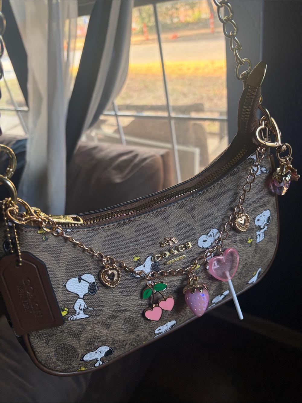 Coach Brown Signature x Peanuts Charm Shoulder Bag with Pink Accents